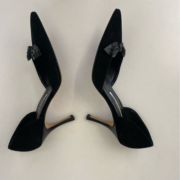 Manolo Blahnik || Burola D’orsay Pumps Heels Black Suede with Bow 38.5