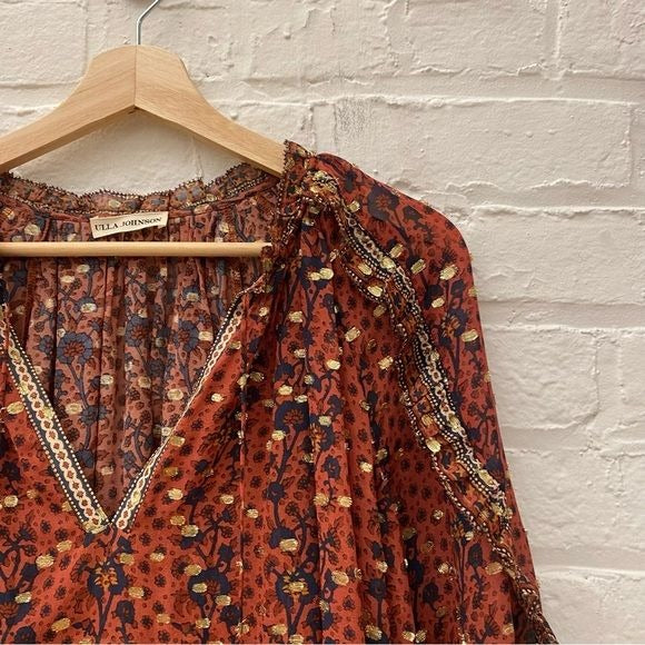 Ulla Johnson || Calista Blouse in Brick Silk Floral Red Orange Gold Ruffle Top 8