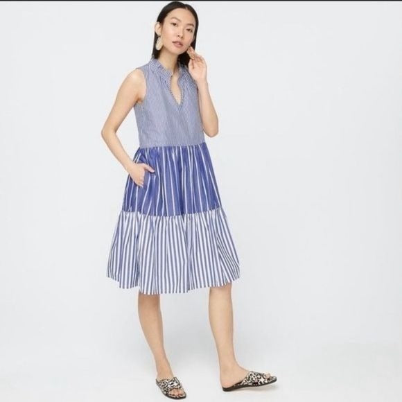 J. Crew || Sleeveless Tiered Popover Dress in Mixed Stripe Blue XXS