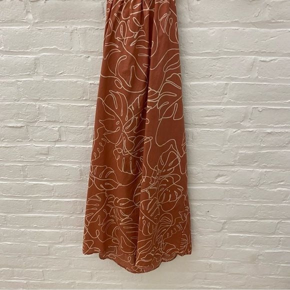 LUSH || Skyline Tie Back Puff Sleeve Dress Caramel Abstract Monstera Leaf Large