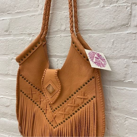 Native Rainbow || Fez Studded Fringe Leather Handbag Purse Peach NWT