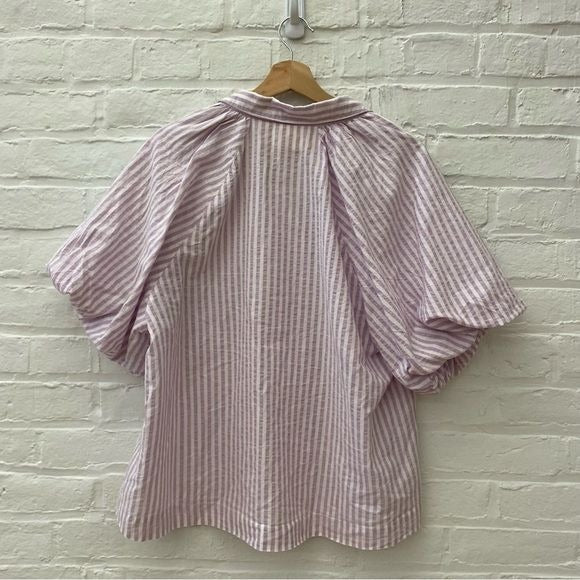 Anthropologie || Maeve Bubble-Sleeve Blouse Button Down Striped Lavender XL