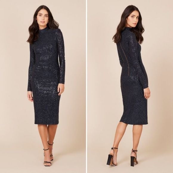 Rebecca Vallance || Andree Dress Long Sleeved High Neck Midi Navy Sequined 0