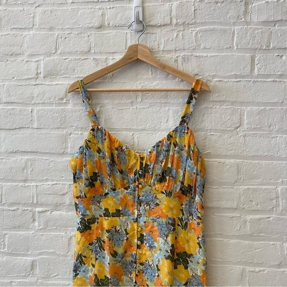 Abercrombie || Smocked Floral MIDI Dress Button Front Orange Yellow Large