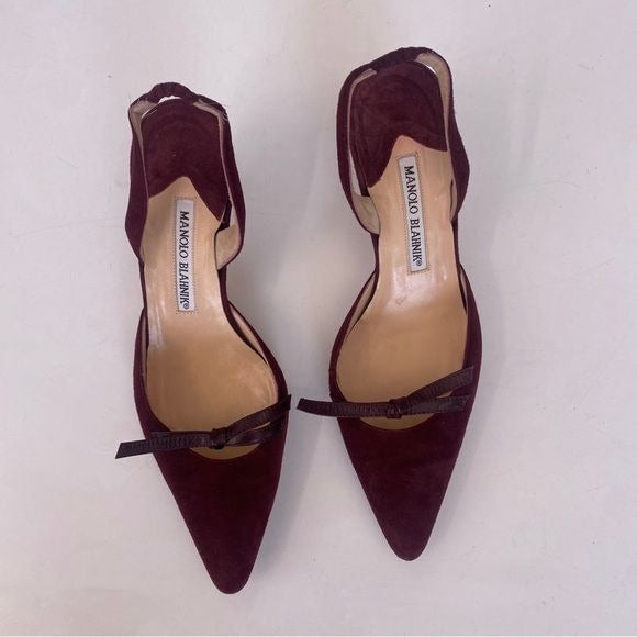 Manolo Blahnik || Slingback Kitten Heels Mules Suede Bow Burgundy Wine Red 37.5