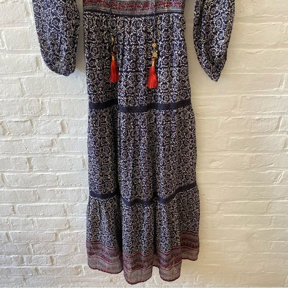 Bell by Alicia Bell || Grace Tassel Block Print Maxi Dress Navy Burgundy XS