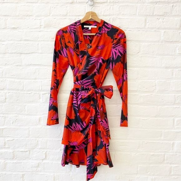 Veronica Beard || Lorina Stretch Silk Ruched Wrap Long Sleeve Dress Floral Red 0