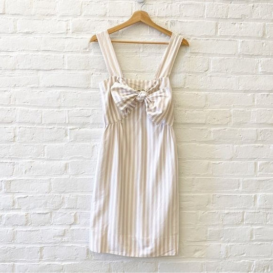 Sea New York || Bow Keyhole Tie Front Striped Dress Tan White 6