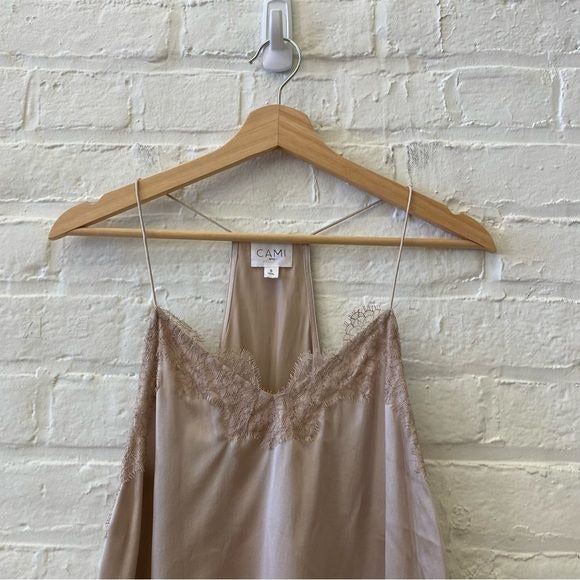 Cami NYC || Racer Tank Silk Charmeuse Lace Camisole Blush Beige Small