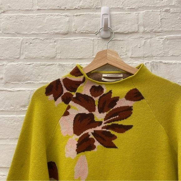 Anthropologie || Floral Mockneck Pullover Sweater Yellow XL