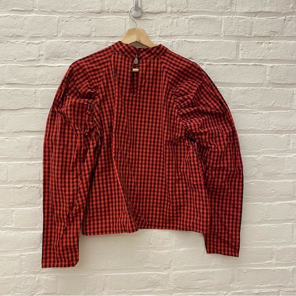 H&M || Gingham Check Plaid Puff Sleeve Blouse Top Red Black Large NWT