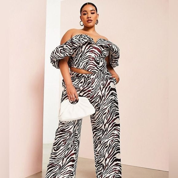 ASOS Luxe Curve || Zebra Corset Top Wide Leg Trouser Suit Set Brown Cream 12 14