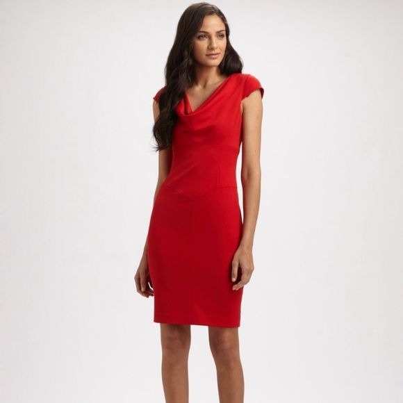 Black Halo || Gretchen Cowl Neck Cap Sleeve Pencil Dress Red 10