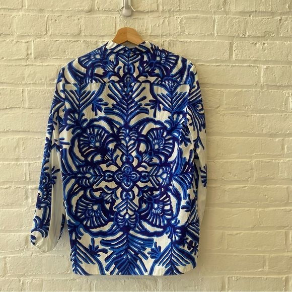 Zara || Blue and White Printed Blouse Top XS