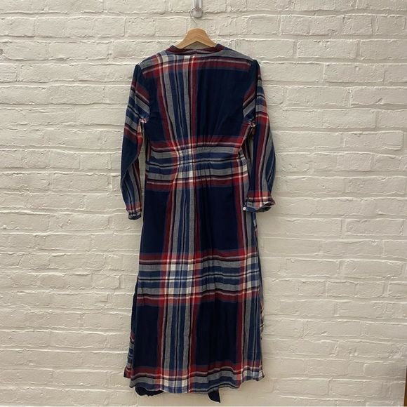 Anthropologie || Isabella Sinclair Tartan Plaid Surplice Midi Dress Navy M