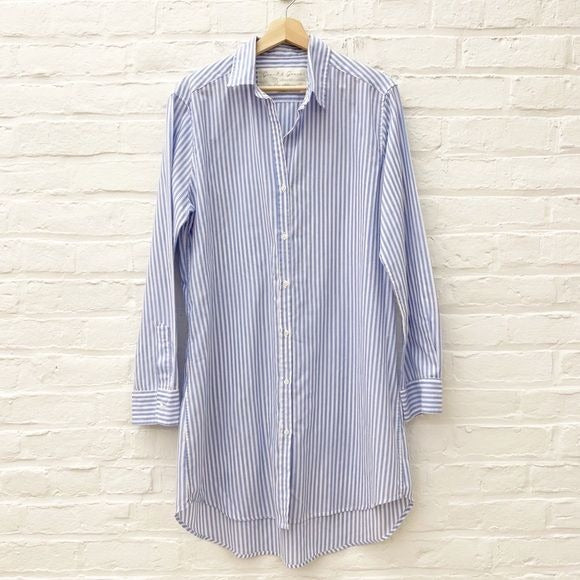 Grant & Grace || The Amalfi Striped Linen Blend Shirt Dress Button Down Blue XL