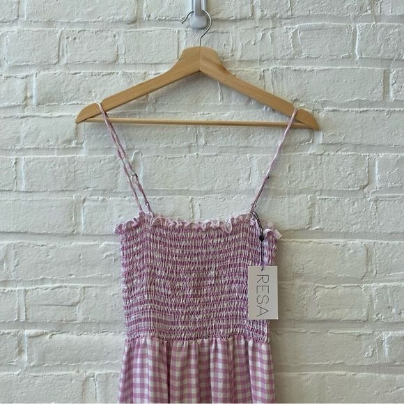 RESA || Ashley Smocked Midi Dress Slit in Montauk Purple Gingham Small NWT