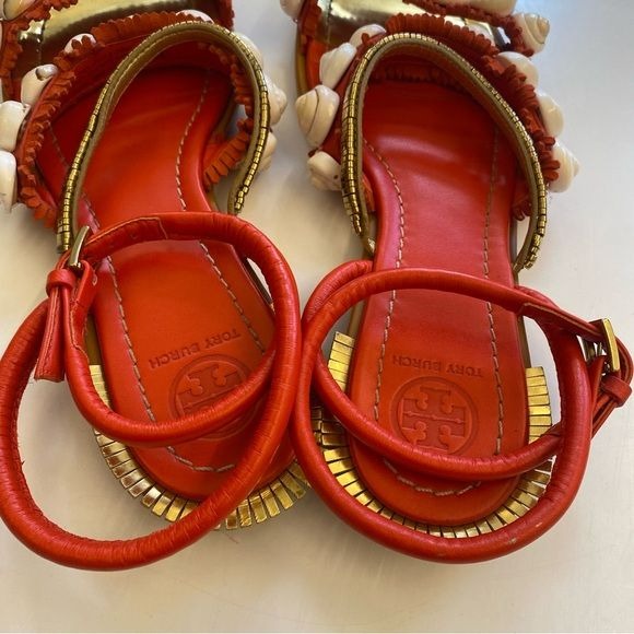 Tory Burch || Sinclair Seashell Sandal Strappy Fringe Gold Orange Red 7.5