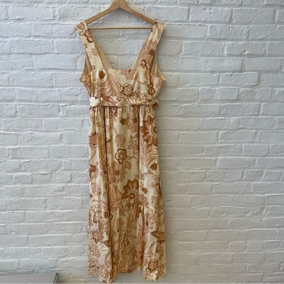 Mango || Martina Belted Cotton Floral Maxi Dress Cream Orange XXL NWT