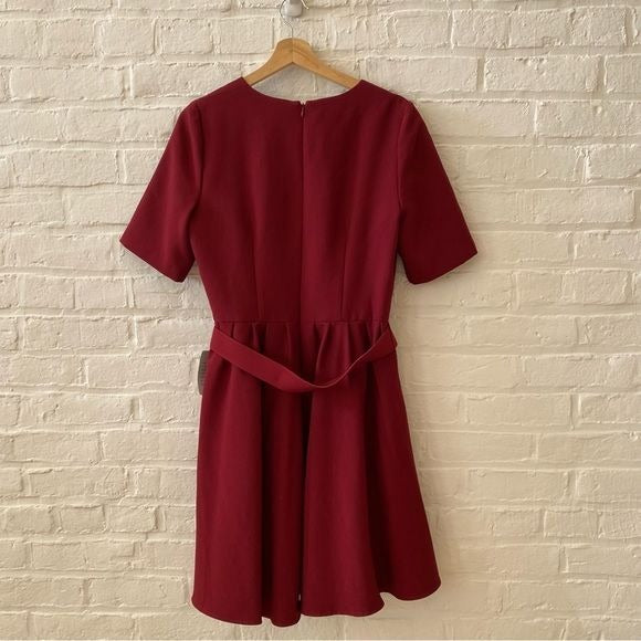 Gal Meets Glam || Clara Fit and Flare Belted Dress Burgundy Wine Red 10 NWT