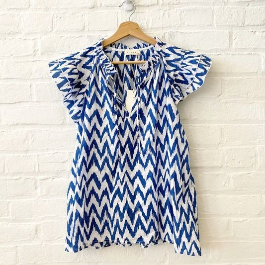 Stark X || Dreamy Top Blouse Chevron Cotton Poplin Ruffle Blue White Small NWT