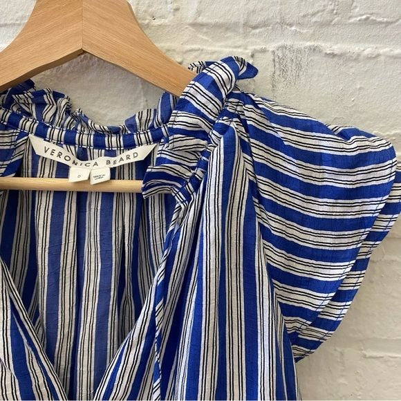 Veronica Beard || Zee Striped Tiered Mini Dress Linen Blend Cobalt Blue 0