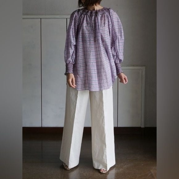 Leur Logette || Smocked Yoke + Cuff Checked Blouse Silk Blend Purple