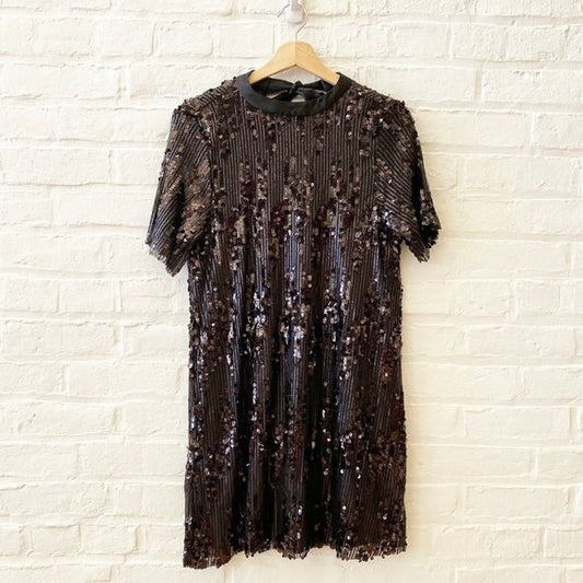 Zara || Sequined Short Sleeve High Neck Tie Little Black Dress Mini XS