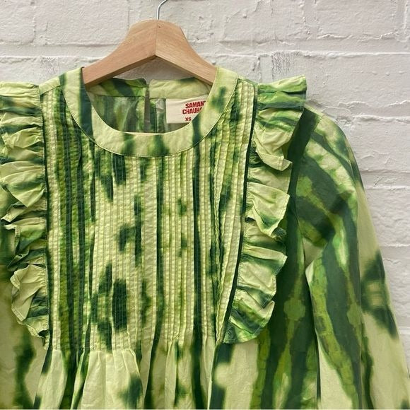 Anthropologie || Samant Chauhan Emilia Ruffled Tie-Dye Blouse Green XS