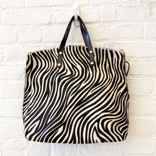 Made in Italy || Zebra Print Pony Hair + Leather Satchel Tote Shoulder Bag Black