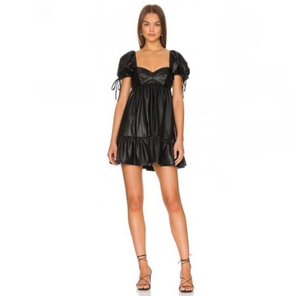 Amanda Uprichard || Sicily Babydoll Tiered Mini Dress Faux Leather Black Small