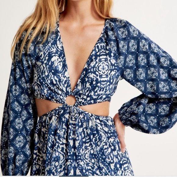 Abercrombie & Fitch || Long Sleeve Plunge Cutout Maxi Dress Keyhole Blue XS