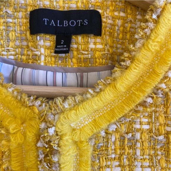 Talbots || Tweed Lady Jacket Fringe Patch Pocket Buttons Preppy Yellow 2