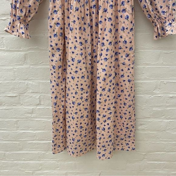 English Factory || Smocked Floral Cotton Midi Dress Pink Blue XS