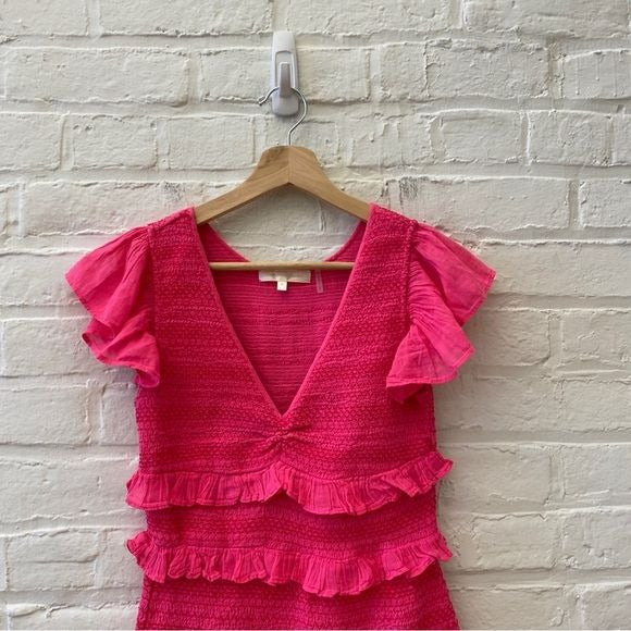 LoveShackFancy || Sonora Smocked Ruffle Mini Dress Watermelon Ice Pink P