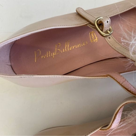 Pretty Ballerinas || Feather T-Strap Patent Flats Pointed Toe Blush Pink 39