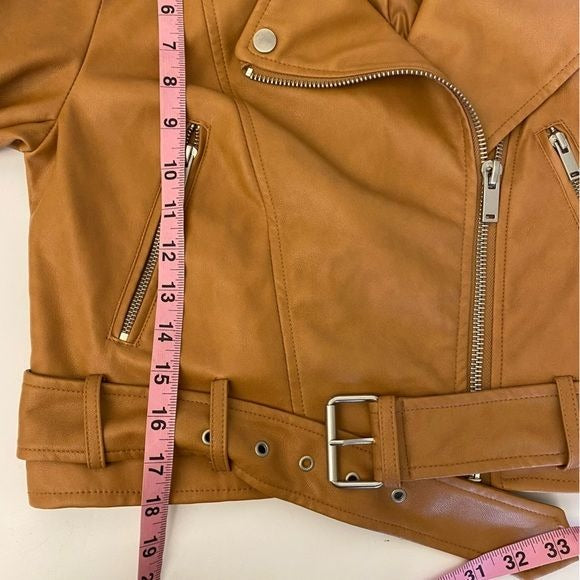 Bagatelle Collection || Belted Moto Jacket Vegan Leather Tan Cognac Small