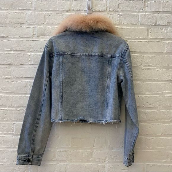 Ava & Kris || Hailey Fox Fur-collar Denim Jacket In Peach Small NWT