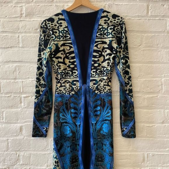 Roberto Cavalli || Long-Sleeve Mixed-Print Gown Blue Black IT 40 US 4