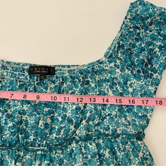 Trixxi || Tiered Floral Mini Dress Smocked Back Teal Large