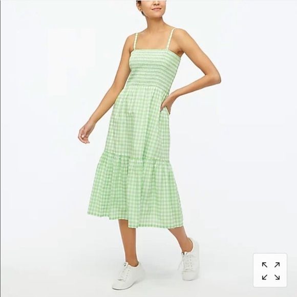 J. Crew || Smocked Top Midi Dress Tiered Gingham Lime Green XS