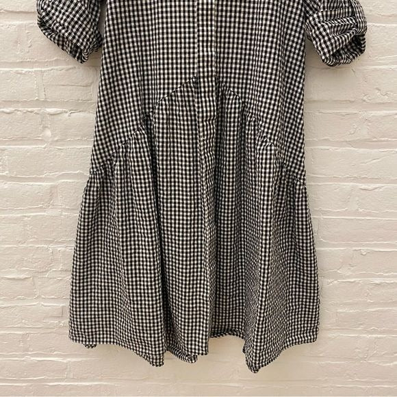 Floryday || Drop Waist Gingham Shirt Dress Preppy Black White Small