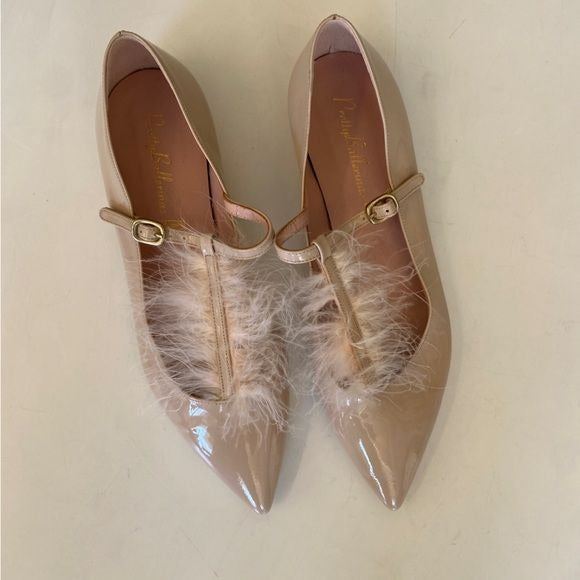 Pretty Ballerinas || Feather T-Strap Patent Flats Pointed Toe Blush Pink 39