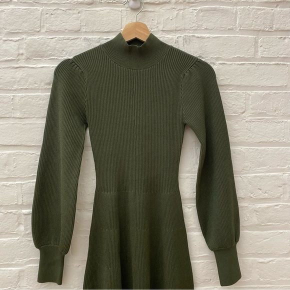 Hill House || The Mariana Sweater Dress Mini Knit Fit Flare Leaf Green XXS