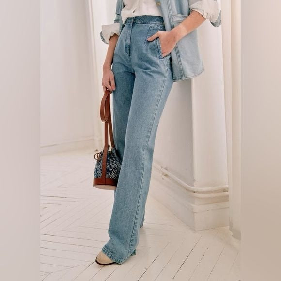 Sezane || Martin High Rise Wide Leg Trousers in Chambray Denim Blue 36 US 4