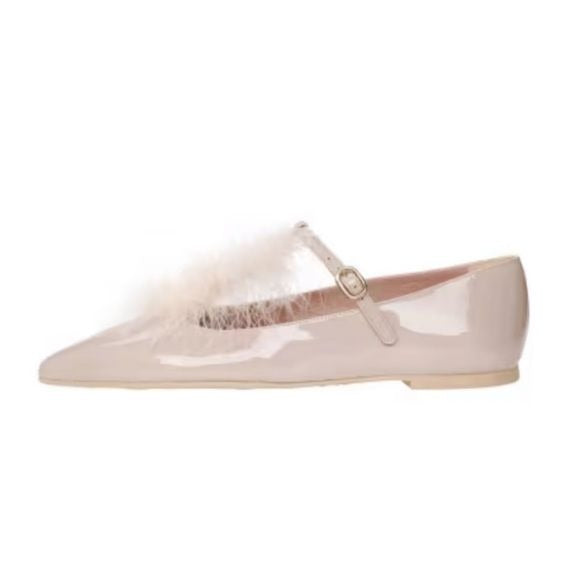 Pretty Ballerinas || Feather T-Strap Patent Flats Pointed Toe Blush Pink 39