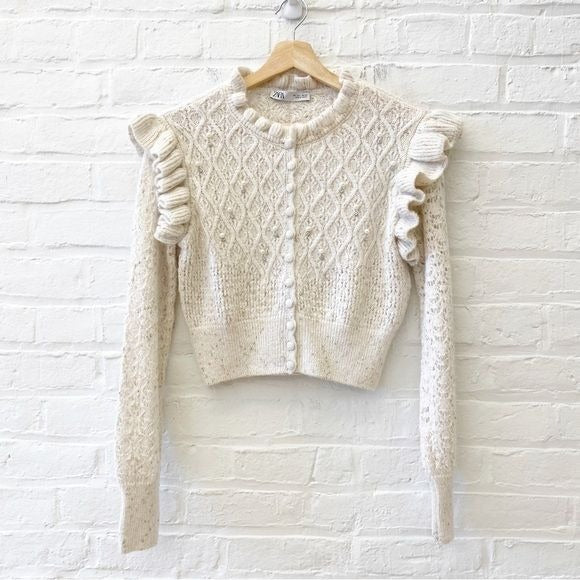 Zara || Bead and Pearl Ruffle Knit Cardigan Ivory Large