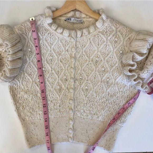 Zara || Bead and Pearl Ruffle Knit Cardigan Ivory Large