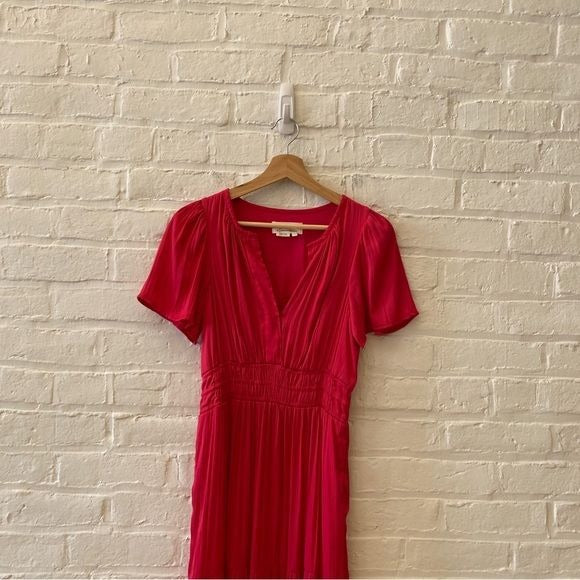 Anthropologie || Somerset Maxi Dress Smocked Waist Flutter Sleeve Pink Satin XS