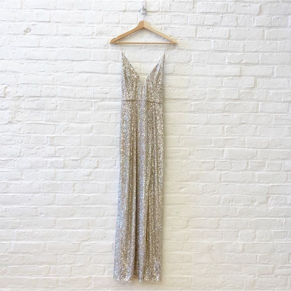 Aidan by Aidan Mattox || Sequined Column Gown Plunge Slit Gold Champagne 6